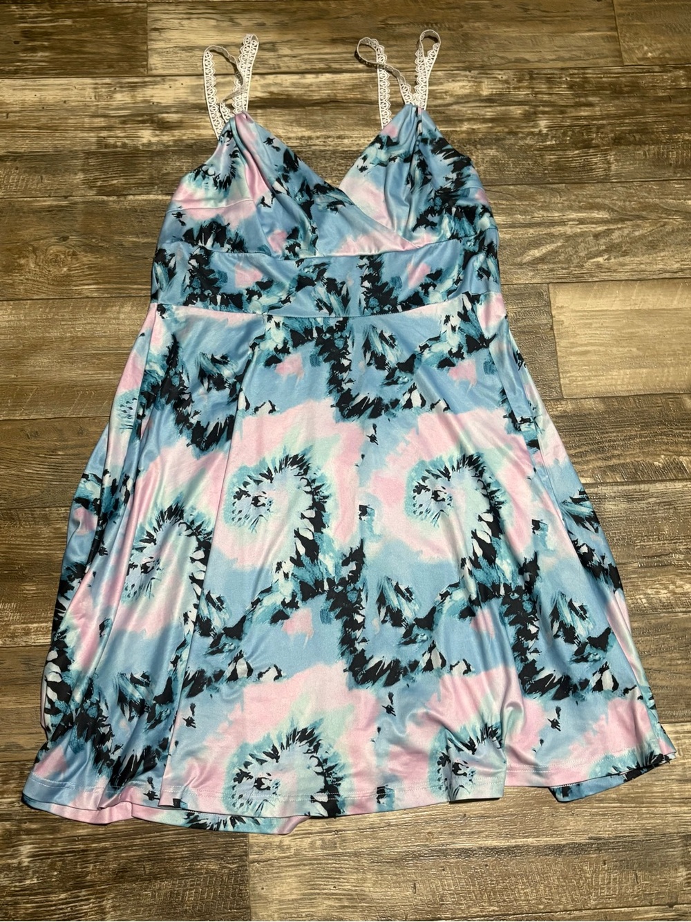 Sleeveless Tie-Dye Print A-Line Dress in Pastel Blue and Pink